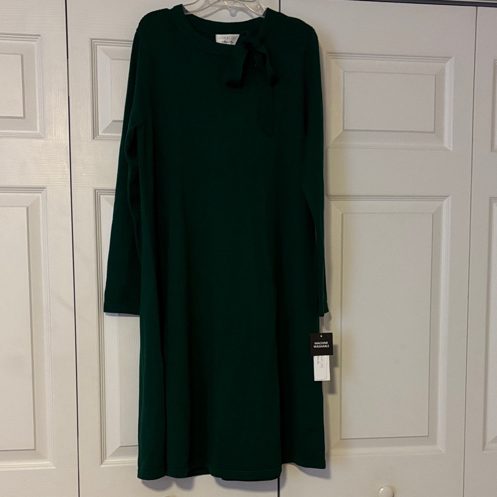 Signature by Robbie Bee Forest Green Long Sleeve Tie-Neck Swing Dress